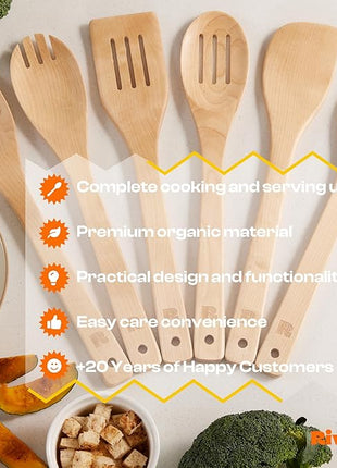 Riveira Maple Wooden Cooking Utensils Set of 6 Premium Non-Toxic Wooden Spoons & Spatula for Cooking
