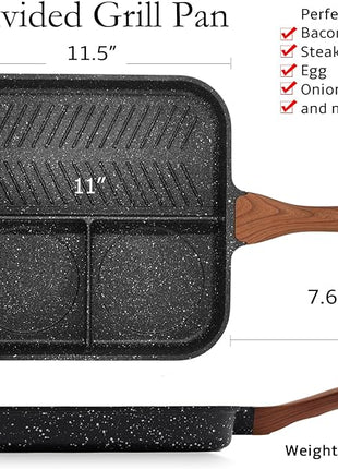 ESLITE LIFE 11 Inch Nonstick Divided Grill Pan for Indoor Cooking, Versatile 3-In-1 Induction Large Breakfast Pan for Stove Tops, PTFE & PFOA Free, Black