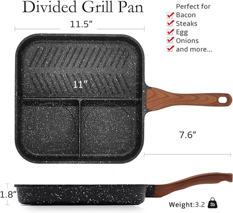 ESLITE LIFE 11 Inch Nonstick Divided Grill Pan for Indoor Cooking, Versatile 3-In-1 Induction Large Breakfast Pan for Stove Tops, PTFE & PFOA Free, Black