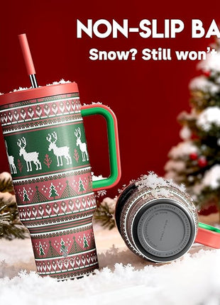 Meoky 40 oz Christmas Tumbler with Handle and Straw, Xmas Tumbler with Lid and Straw, Insulated Stainless Steel Travel Mug, Christmas Gifts for Women Men Adults (Jolly Reindeer)
