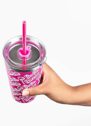 Dragon Glassware x Barbie Vacuum Insulated Tumbler with Lid and Straw - 16 oz Tumbler Cup with 2 Straws - Stainless Steel Tumbler with Straw for Water, Iced Tea - Travel Coffee Tumbler - Classic