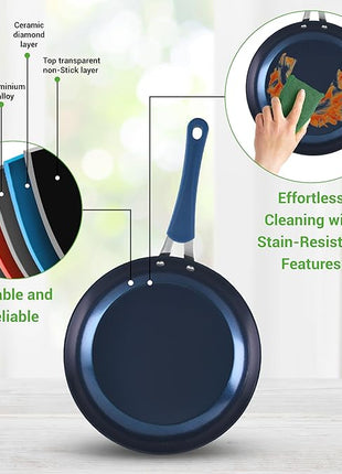 NutriChef 11 Piece Pots and Pans Set - Non Stick Cookware Set with Ceramic Coating, Cool-Touch Handles, Induction Ready, Includes Lids, and Utensils - Diamond Blue
