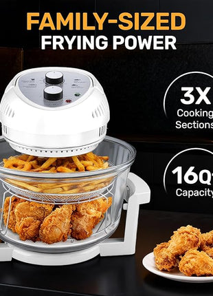 Big Boss 16Qt Extra Large Glass Air Fryer Non Toxic – Family Sized 4 in 1 Cooker with 3 Cooking Sections, Stainless Steel Racks for French Fries, Chicken, No Preheat, Self Cleaning, Dishwasher Safe