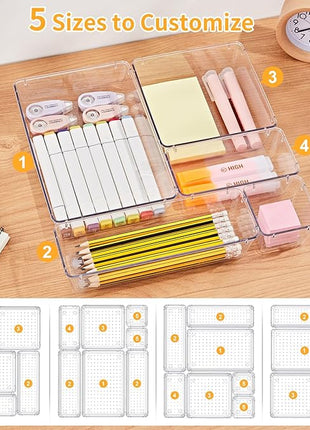 SMARTAKE 22-Piece Drawer Organizer with Non-Slip Silicone Pads, 5-Size Clear Desk Drawer Organizer Trays Storage Tray for Makeup, Jewelries, Utensils in Bedroom Dresser, Office and Kitchen, Clear