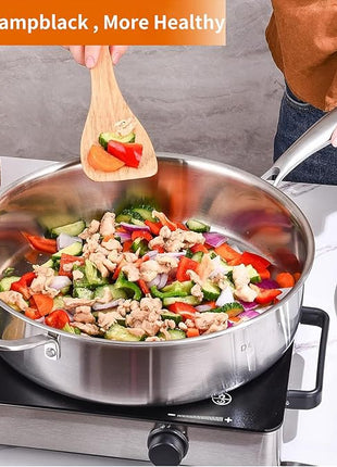 DELARLO Tri-Ply Stainless Steel Frying Pan,12 inch Skillet with Lid,6 Quart Saute Pan,Compatible with All Cooktops,Oven Up to 660℉,Chicken Fryer,Dishwasher-Friendly
