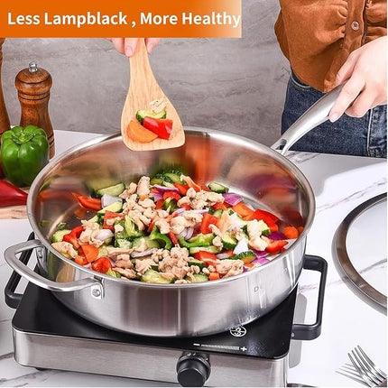 DELARLO Tri-Ply Stainless Steel Frying Pan,12 inch Skillet with Lid,6 Quart Saute Pan,Compatible with All Cooktops,Oven Up to 660℉,Chicken Fryer,Dishwasher-Friendly