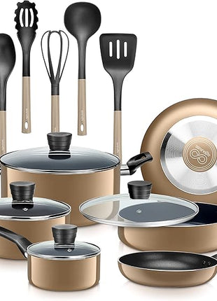 SereneLife Kitchenware Pots & Pans Basic Kitchen Cookware, Black Non-Stick Coating Inside, Heat Resistant Lacquer (15-Piece Set), One Size, Gold