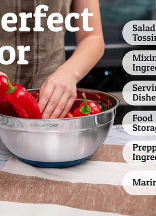 Priority Chef 6Pc Large Mixing Bowls With Lids Set with Non-Slip Bases, Stainless Steel Mixing Bowl Set, 6 Airtight Lids and 3 Graters, Blue