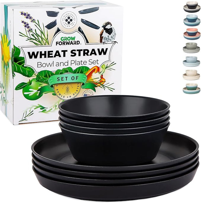 Grow Forward Premium Wheat Straw Plates and Bowls Sets - 8-Piece Wheat Straw Dinnerware Sets - Unbreakable & Reusable Microwave Safe Plastic Dinner Plates for Outdoors, RV, Camping Dishes - Midnight