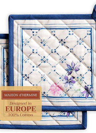 Maison d' Hermine Pot Holders Set 100% Cotton Heat Resistant Potholders 8" x 8" Hot Pads with Loop BBQ, Cooking, Baking, Grilling, Kitchen, Handling Hot Pans Spring/Summer (Pack of 2, Faience)