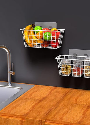 MaraFansie Wall Wire Baskets Adhesive Basket Hanging Kitchen Baskets No Drilling for Cabinet & Pantry Organization and Kitchen, Bathroom, Bedroom Storage, 4 Pack, White