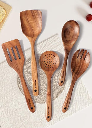 Wooden Spoons for Cooking, 5 Pcs Wooden Utensils for Cooking Natural Teak Wooden Kitchen Utensils Set