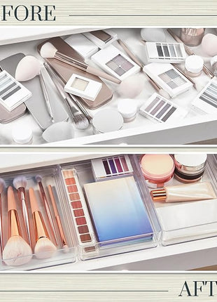 STORi SimpleSort 3-Piece Stackable Clear Drawer Organizer Set | 9" x 6" x 2" Rectangle Trays | Wide Makeup Vanity Storage Bins and Office Desk Drawer Dividers | Made in USA