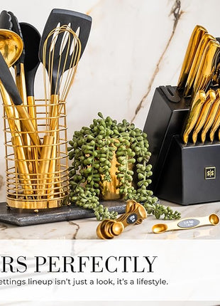 Styled Settings Black and Gold Kitchen Utensils Set – 15-Piece Cooking Set Includes Black Silicone Utensils, Gold Utensil Holder, and Magnetic Measuring Spoons – Stylish Kitchen Accessories
