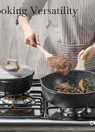 CAROTE 10Inch Nonstick Deep Frying Pan with Lid, 4.5 Qt Jumbo Cooker Saute Pan with Pour Spout, Skillet Induction Cookware, Non Stick Cooking Pan PFOA Free, Classic Granite