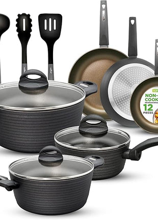 NutriChef Metallic Ridge Line Nonstick Cooking Kitchen Cookware Pots and Pan Set with with Lids and Utensils, 12 Piece Set, Gray
