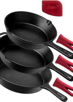 Cuisinel Cast Iron Skillet Set - 8" + 10" + 12"-Inch Pre-Seasoned Frying Pans + Silicone Handle Grip Covers - Use Indoor/Outdoor, Oven, Grill, Stove, BBQ, Fire, Induction - Kitchen/Camping Cookware
