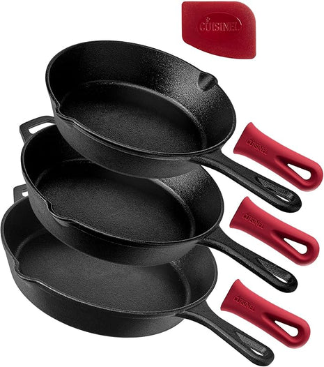 Cuisinel Cast Iron Skillets Set - 12" + 10" + 8"-Inch Pre-Seasoned Frying Pans + Silicone Handle Grip Covers - Use Indoor/Outdoor, Oven, Grill, Stove, BBQ, Camp Fire, Induction Kitchen Cookware