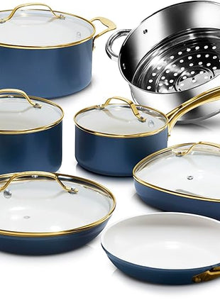 Gotham Steel 12 Pc Ceramic Cookware Set Nonstick, Ceramic Pots and Pans Set Non Stick with Steamer for Cooking, Non Toxic PFOA PFOS Free, Premium Stay Cool Handles, Oven & Dishwasher Safe