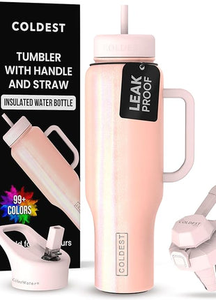 Coldest Tumbler with Handle and Straw, 100% Spill Proof Tumbler with Straw (3 Lids), Stainless Steel Insulated Leakproof Tumblers for Women Men, Cup Holder Friendly, 46 oz (Forever Pink Glitter)