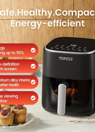 TOPZEE Air Fryer 12-in-1 with 5.5 QT Large Capacity, Compact Air Fryer, 100-400℉ Precise Heat, 360°Hot Air Circulation, 95% Less Oil, Bake, Dry, Reheat, Frozen, Broil, Proof, Black