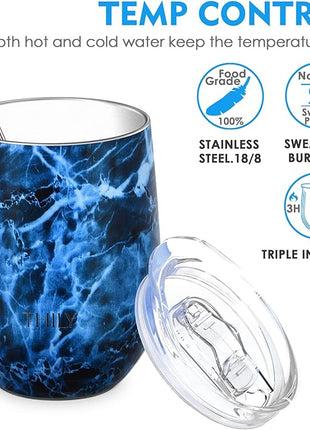 THILY Wine Tumbler Stainless Steel Insulated 12 oz Stemless Wine Glass with Slide Lid and Metal Straw, Travel Cup Keep Cold for Coffee, Cocktails, Abysmal Sea