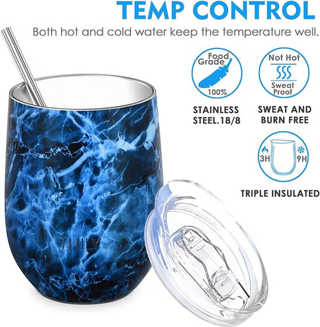 THILY Wine Tumbler Stainless Steel Insulated 12 oz Stemless Wine Glass with Slide Lid and Metal Straw, Travel Cup Keep Cold for Coffee, Cocktails, Abysmal Sea