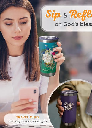 Christian Art Gifts Stainless Steel Double Wall Vacuum Insulated Tumbler 18 oz Peacock Teal Travel Mug with Retractable Lid Inspirational Bible Verse for Women - Blessed Faith -Jeremiah 17:7