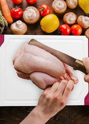 Neoflam 4 Piece Plastic Coded Cutting Board Set plus Organizer with Food Icon, Microban Protection, Extra Large, BPA Free, Juice Groove, Non Slip, Dishwasher Safe, Multicolor