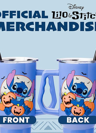 Silver Buffalo Disney Lilo and Stitch Halloween Spooky Pumpkin Jack-O-Lantern Stainless Steel Tumbler with Handle and Straw, Fits in Standard Cup Holder, 40 Ounces
