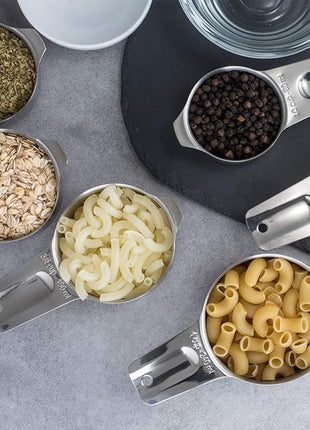 Set of 7 Heavy Duty Measuring Cups, 18/8 Stainless Steel with Ring Connector, Silver