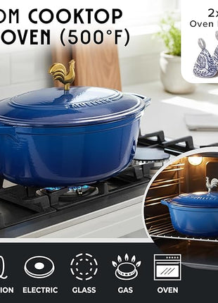 MUELLER HOME 5.5 Quart Enameled Cast Iron Oval Dutch Oven w Rooster Knob & Cotton Potholders, Heavy-Duty Cookware, Oven-Safe up to 500° F & Across All Cooktops, Gifts for Grandma & Women, Aqua Blue