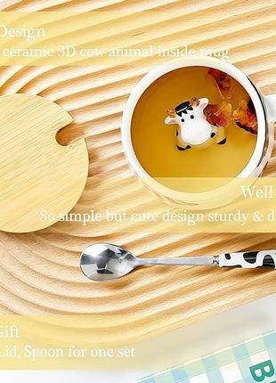 BigNoseDeer Cute Ceramic Cow Mug with 3D Cow Inside,Cow Print Coffee Mug,Cute Mugs with Lid Spoon,Cute Stuff Cool stuff Birthday Gifts Anime Gifts for Women Girlfrend Kids13oz