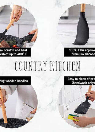 Country Kitchen Non Stick Silicone Utensil Set with Rounded Wood Handles for Cooking and Baking, 14 Piece Set, Black