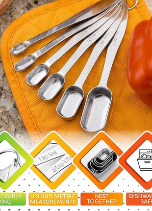 Spring Chef Stainless Steel Measuring Spoons Set of 7 with Leveler, Rectangular Metal Teaspoon & Tablespoon Measuring Spoons for Dry & Liquid Ingredients - Nesting Kitchen Gadgets For Baking & Cooking