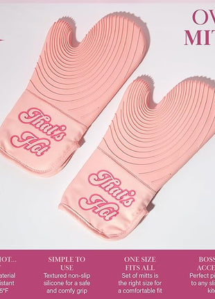 Paris Hilton Oven Mitt Set with Iconic That's HOT Design, Heat Resistant Pot Holders Featuring Non-Slip Textured Silicone Grips, 2-Piece Set, Pink