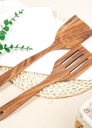 FJNATINH 2 Pcs Wooden Spatula Set for Cooking, Natural Teak Spatula and Slotted Turner for Non-stick Cookware, Kitchen Cooking Utensils for Frying Flipping Pancake Spatula