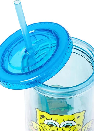 Silver Buffalo Spongebob Squarepants Smiling Krabby Patties Plastic Tall Cold Cup With Lid and Straw, 20 Ounces