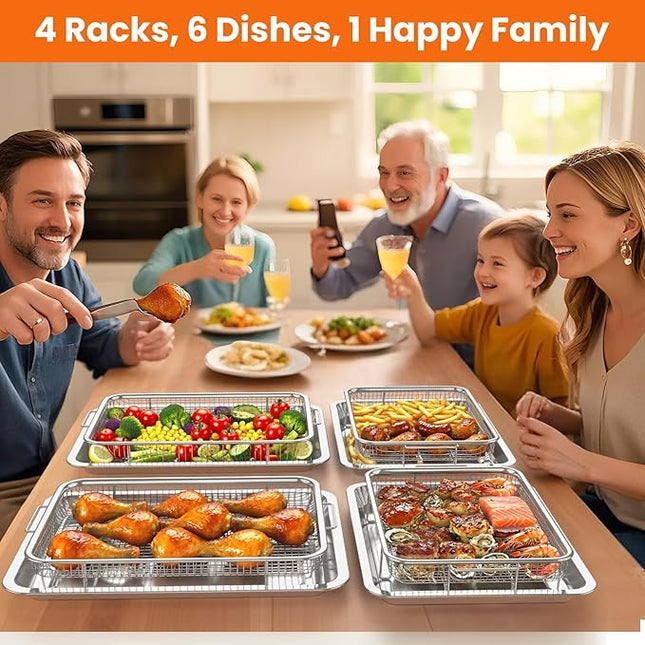 Air Fryer Basket for Oven, 2 Set Stainless Steel Pan & Crisper Tray (15"x11" &12.8"x9.7") with 60 Parchment Papers, Family-Size Non-Stick Oven Basket for Baking Chicken, Fries, Dishwasher Safe