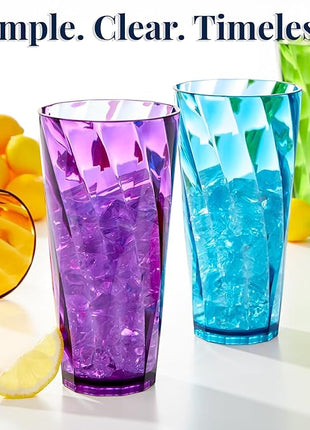 US Acrylic Optix Plastic Reusable Drinking Glasses (Set of 8) 26oz Iced-Tea Cups in Jewel Tone Colors | BPA-Free Tumblers, Made in USA | Top-Rack Dishwasher Safe
