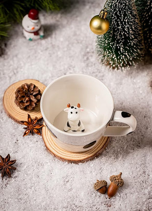 DIHOclub Cow Ceramic Cup Hidden 3D Animal Inside Mug,Cute Cartoon Handmade Figurine Mugs,Holiday and Birthday Gift for Coffee Milk Tea Lovers,12 OZ(White,Black)