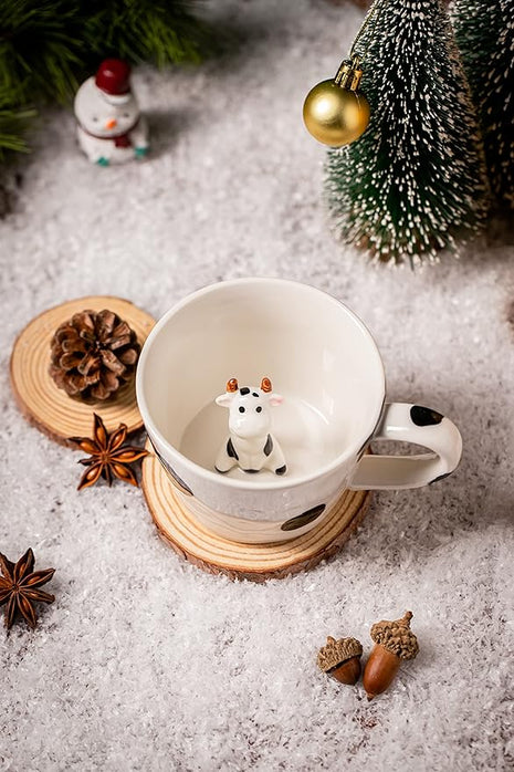 DIHOclub Cow Ceramic Cup Hidden 3D Animal Inside Mug,Cute Cartoon Handmade Figurine Mugs,Holiday and Birthday Gift for Coffee Milk Tea Lovers,12 OZ(White,Black)