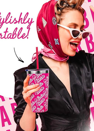 Dragon Glassware x Barbie Vacuum Insulated Tumbler with Lid and Straw - 16 oz Tumbler Cup with 2 Straws - Stainless Steel Tumbler with Straw for Water, Iced Tea - Travel Coffee Tumbler - Classic