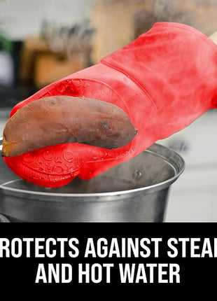 BPA-Free Silicone Oven Mitts Ultra Heat Resistant up to 500°F - Oven Mitts with Thick Cotton Liner - Long Slip Resistant Pot Holders, Flexible Oven Gloves - Canyon Red 13.7