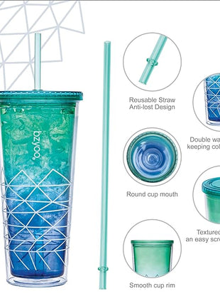 bzyoo SIP 24oz (710ml) Double Wall Plastic Tumbler with Lid and Straw Cold Drink Travel Mug Party Reusable Cup For Office Outdoor Dining Gift For Him & Her (Blue & Green)