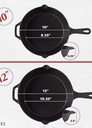 Cuisinel Cast Iron Skillets Set - 4-Piece Chef Pans Kit - 6" + 8" + 10" + 12"-Inch + 4 Silicone Grip Handle Holders - Pre-Seasoned Oven Cookware - Use Indoor/Outdoor, Grill, Stovetop, BBQ, Firepit