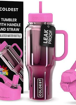 Coldest Tumbler with Handle and Straw - 100% Spill Proof Tumbler with Straw (3 Lids) - Stainless Steel Insulated Leakproof Tumblers for Women & Men - Cup Holder Friendly - 36 oz (Tour De Nova)