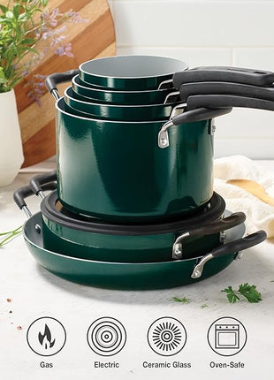 Tramontina Ceramic Non Stick 11-Piece Nesting Pots and Pans Set with Lids - Stackable Nonstick Cookware Set, Dishwasher and Oven Safe, Teal
