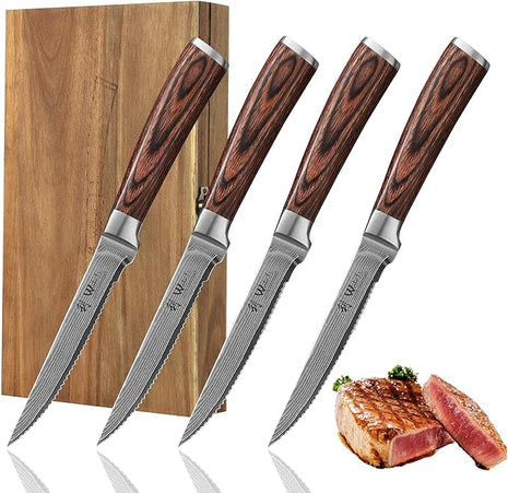 Wakoli EDIB 4-Piece Damascus Steak Knife Set – Professional Dining Kitchen Knives with VG10 Core Blades, 67-Layer Damascus Steel & Ergonomic Pakkawood Handles – Premium Steak Cutlery in Gift Box