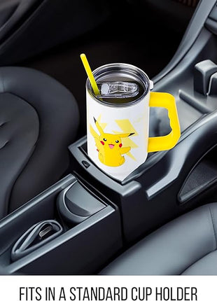 Silver Buffalo Pokémon Stainless Steel Tumbler with Handle Featuring Pikachu, Fits in Standard Cup Holder, 40 Ounces